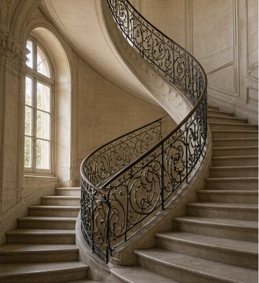 Cage d'escalier en pierre à rampe en fer forgé